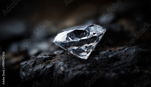 Brilliant cut diamond with intricate facets resting on rugged dark rocks highlighting clarity and texture