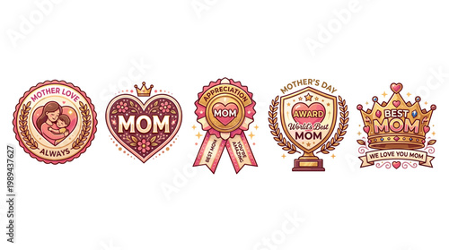 Mother's Day badges, awards, and love illustrations collection celebrating maternal affection, appreciation, and the world's best moms with charming cartoon designs.