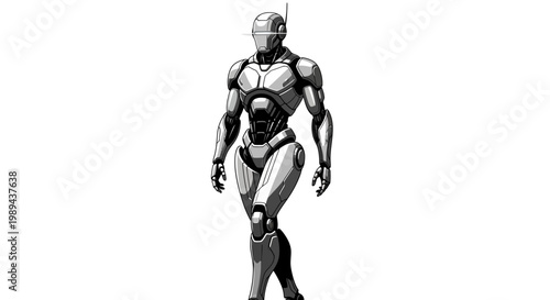 Sleek metallic futuristic robot illustration with advanced artificial intelligence, isolated on a white background, representing technology and innovation.