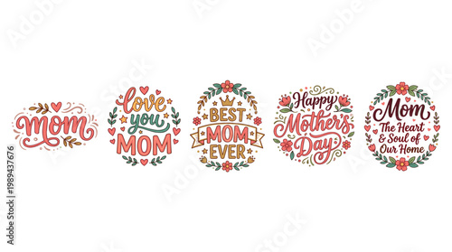 Mother's Day lettering designs with decorative elements expressing love and appreciation for mothers, perfect for cards, gifts, and celebratory projects.