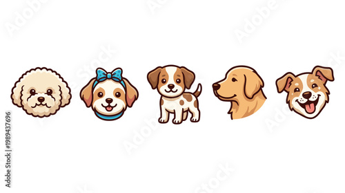 Cute cartoon dogs and puppies in a delightful collection of various breeds and expressions, showcasing their playful and friendly nature.