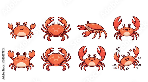 Cute cartoon crabs illustration set featuring various adorable marine animals with happy expressions and different poses, perfect for children's designs.