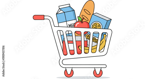 A shopping cart filled with various grocery items