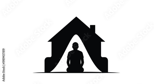 Silhouette of a person meditating inside a house shaped outline