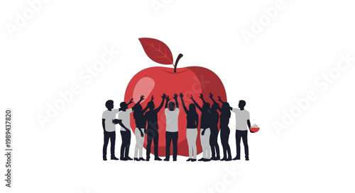 Silhouettes of people gathered around a large red apple illustration