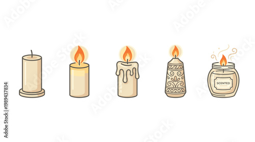 Various candles burning and unlit in a row, featuring different styles like pillar, decorative, melted, and scented jar candles, illustrating a cozy atmosphere.