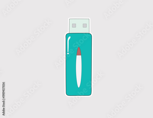 USB Flash Drive Sticker: Teal memory stick vector with white detail, perfect for tech blogs, data storage promotions, office supply lists, and IT support graphics