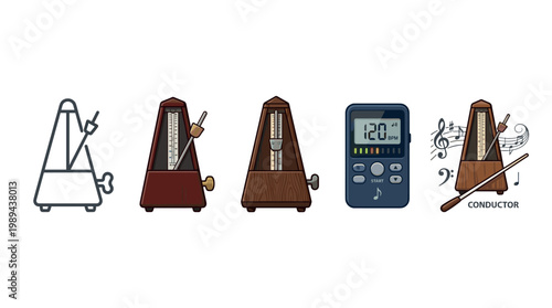 Various metronomes and musical timing devices for rhythm practice, including classic wooden, modern digital, and outline versions, essential tools for musicians.