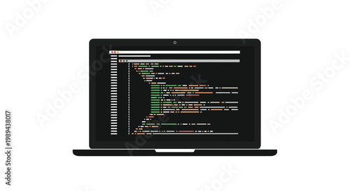 A black laptop displaying complex code on a dark screen
