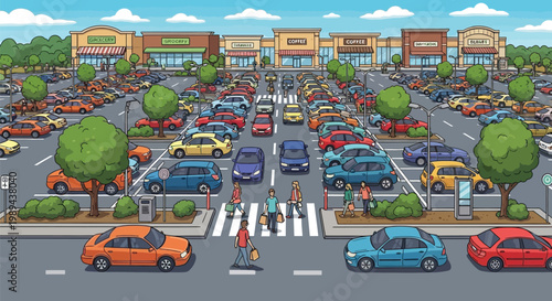 A bustling street scene with shops cars and pedestrians crossing