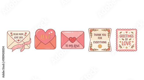 Collection of cute cartoon envelopes and cards featuring various heartfelt messages for expressing love, gratitude, and special greetings on holidays.