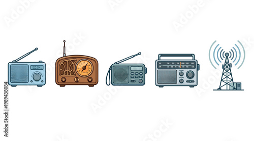 Various radio receivers and a transmission tower illustration showcasing the evolution of broadcasting technology from vintage to modern digital devices.