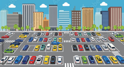 A colorful illustration depicts a busy city parking lot with cars