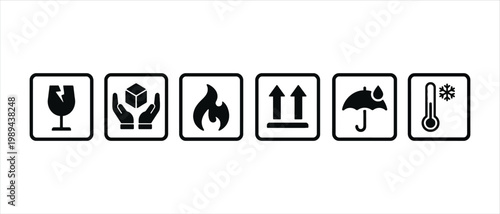 Packaging handling icons set, black shipping symbols for cargo and logistics, fragile and flammable warning signs, 6 vector delivery labels