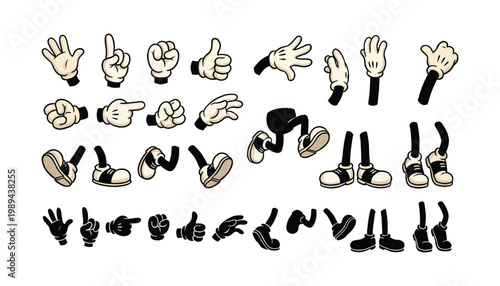 Animated cartoon hands and legs white black transparent vector character parts.