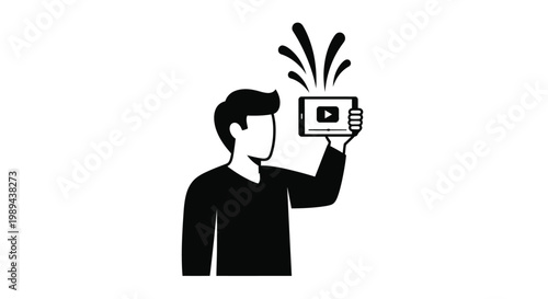 Man holding up a tablet with a play button and burst effects