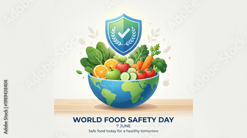Healthy global nutrition concept showing fresh fruits and vegetables in earth shaped bowl with protection shield symbol for hygiene awareness and safe eating promotion