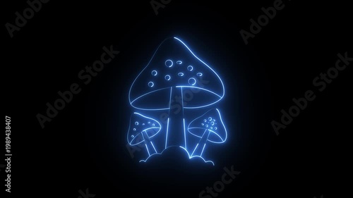 a neon-style digital illustration depicting a group of glowing blue mushrooms against a dark background. 