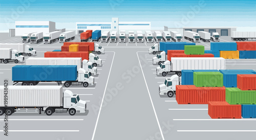A large shipping yard with numerous containers and semi trucks parked