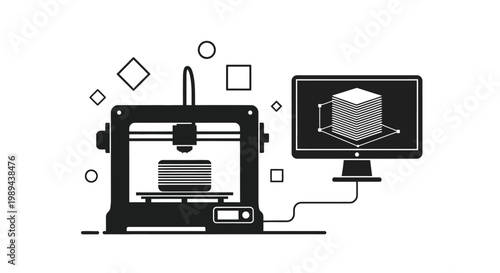 3d printer creating a layered cube displayed on a computer screen