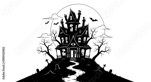 Spooky Haunted House Silhouette on Hill with Bats, Full Moon, and Bare Trees – Halloween Vector Illustration
