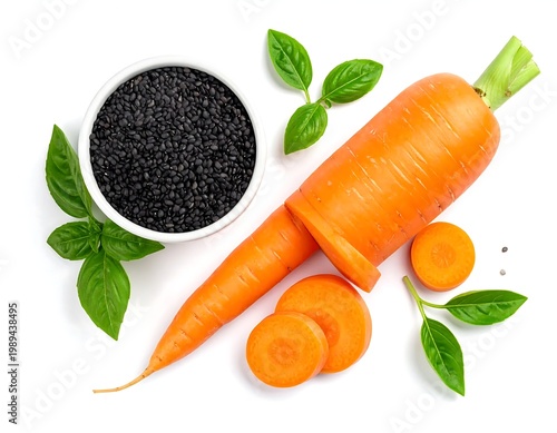 Fresh Orange Carrot Slices With Bowl Of Black Sesame Seeds And Green Basil Leaves On White Background Top View Composition