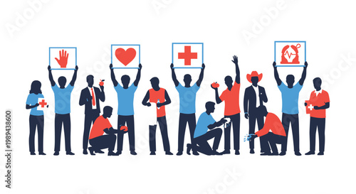 Diverse group of people holding signs representing healthcare and support