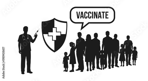 A doctor encourages vaccination for a group of silhouetted people