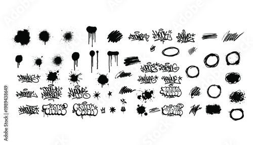 Graffiti spray paint elements splashes drips and tags on transparent background vector art.