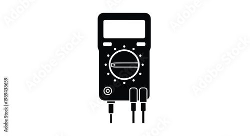 A black silhouette of a digital multimeter with probes and display screen silhouette