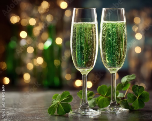 Celebratory st. patrick's day with two flutes of sparkling green champagne and shamrocks