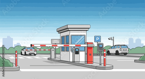 An illustrated parking garage entry with a barrier and ticket machine