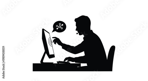 Silhouette of a person interacting with a computer and speech bubble