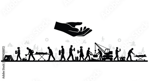 A helping hand extends towards a line of people in need