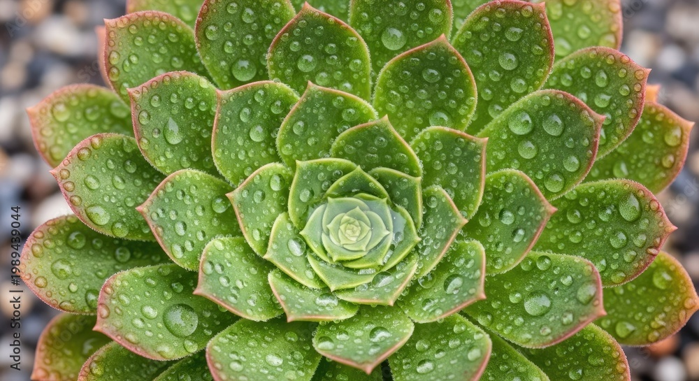 Obraz premium A vibrant, succulent succulent plant with a rosette of green leaves, each adorned with a delicate pink border, set against a backdrop of small, gray pebbles.