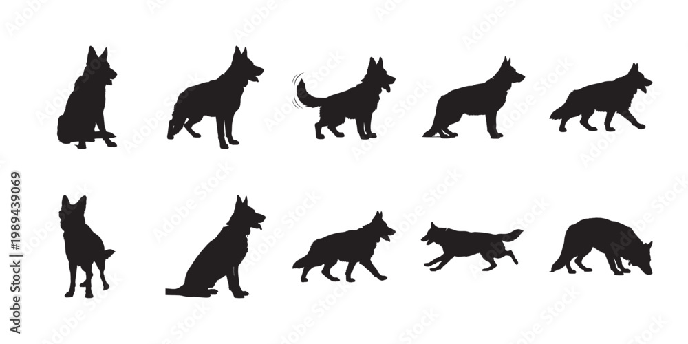 Obraz premium German shepherd canine profile silhouettes. Set of various dog positions featuring standing and motion for professional pet industry assets.