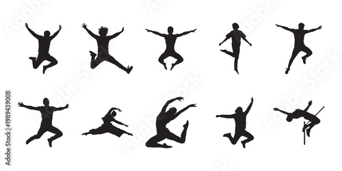 Energetic people jumping silhouettes. Collection of silhouettes featuring men and women leaping for joy, ideal for sports and health concepts.