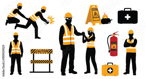Construction workers and safety equipment depicted in a black silhouette style