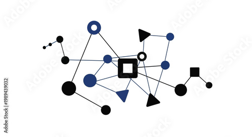Abstract network of interconnected shapes and lines on a white background