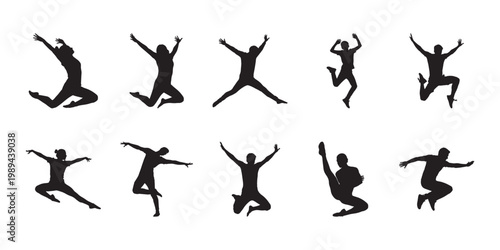 Happy jumping person silhouette set. Various energetic human poses for celebration, success, and motivational design illustrations.