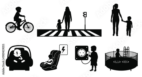 Child safety icons depicting transportation recreation and home hazards