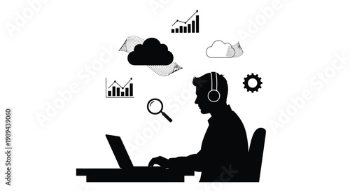 Silhouette of a person working on a laptop with data visualizations