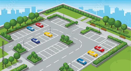 Isometric illustration of a nearly empty parking lot with city backdrop