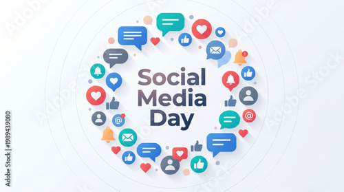 Colorful communication icons arranged in circular layout celebrating global digital interaction culture highlighting engagement networking and online community awareness concept