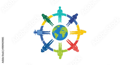 People of diverse colors holding hands around a globe illustration