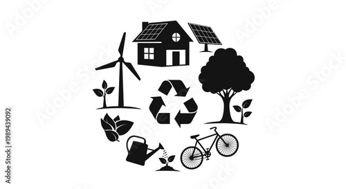 Sustainable living icons renewable energy nature and eco friendly transportation
