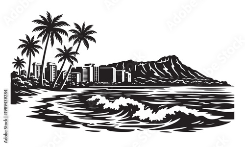 Foto Waikiki Beach Silhouette, Silhouette Vector, Isolated on White Background