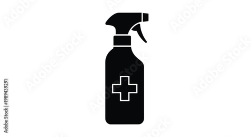 A black silhouette of a spray bottle with a medical cross symbol silhouette
