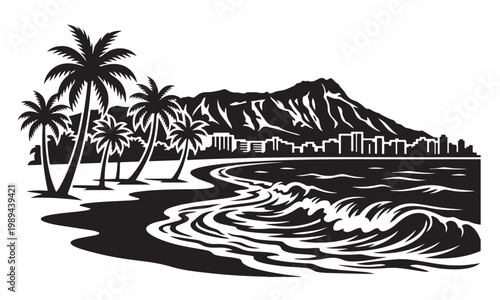 Foto Waikiki Beach Silhouette, Silhouette Vector, Isolated on White Background