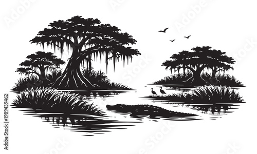 Tableau sur toile Everglades Silhouette, Silhouette Vector, Isolated on White Background